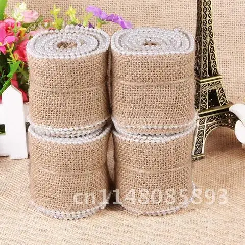 5cm Natural Burlap Hessian Ribbon Vintage with Bead for Wedding Party Decoration ,  Lace Trim for Craft AA7886