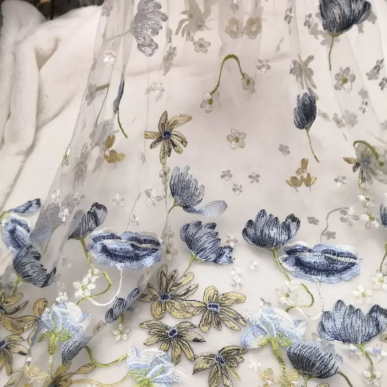 4 colors Blue flower lace fabric flower embroidery soft tulle fabric for wedding lace bridal lace dress fabric 1 yards