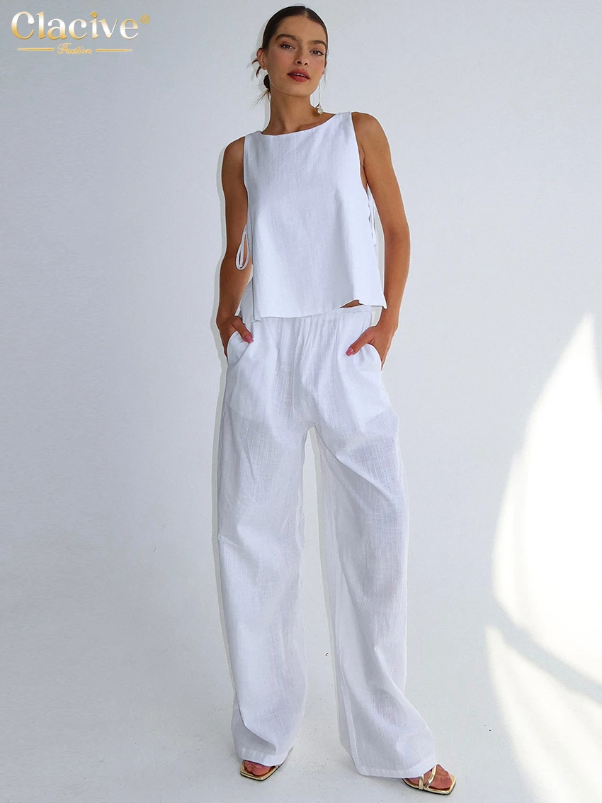 

Clacive Summer Loose White Cotton Women's Two Pieces Set 2025 Fashion Sleeveless Tank Top With High Waist Wide Pants Set Female