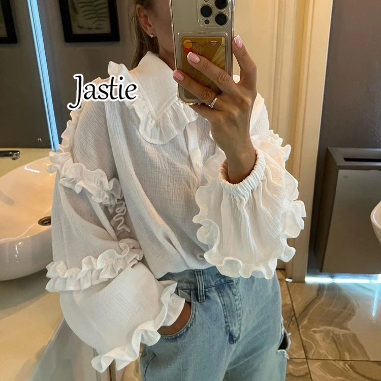 Jastie-Camisa de manga acampanada para mujer, blusa informal de algodón con cuello de muñeca, color blanco, primavera y otoño, nuevo estilo, 2024