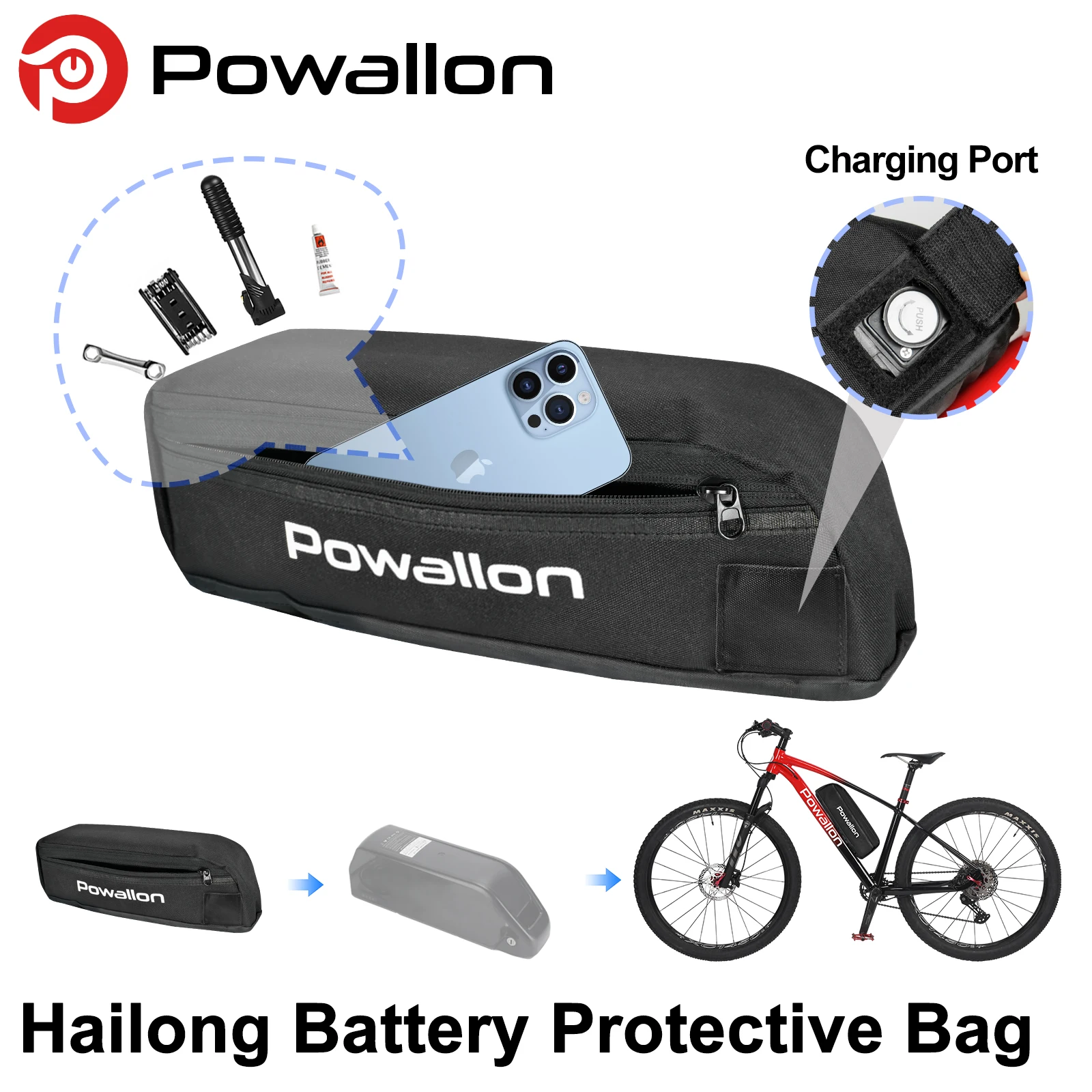 Electric Bike Battery Bag with Side Pocket Anti Mud Ebike Battery Bag/Reserved Charging Port Charging Hole for Hailong