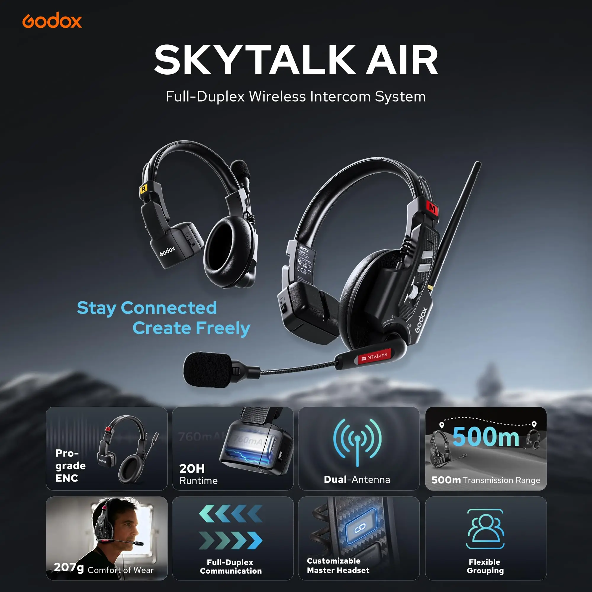 GODOX Skytalk Air 2.4G Full-Duplex Wireless Intercom System for Group Communication with Noise Free Design 20H Battery Life