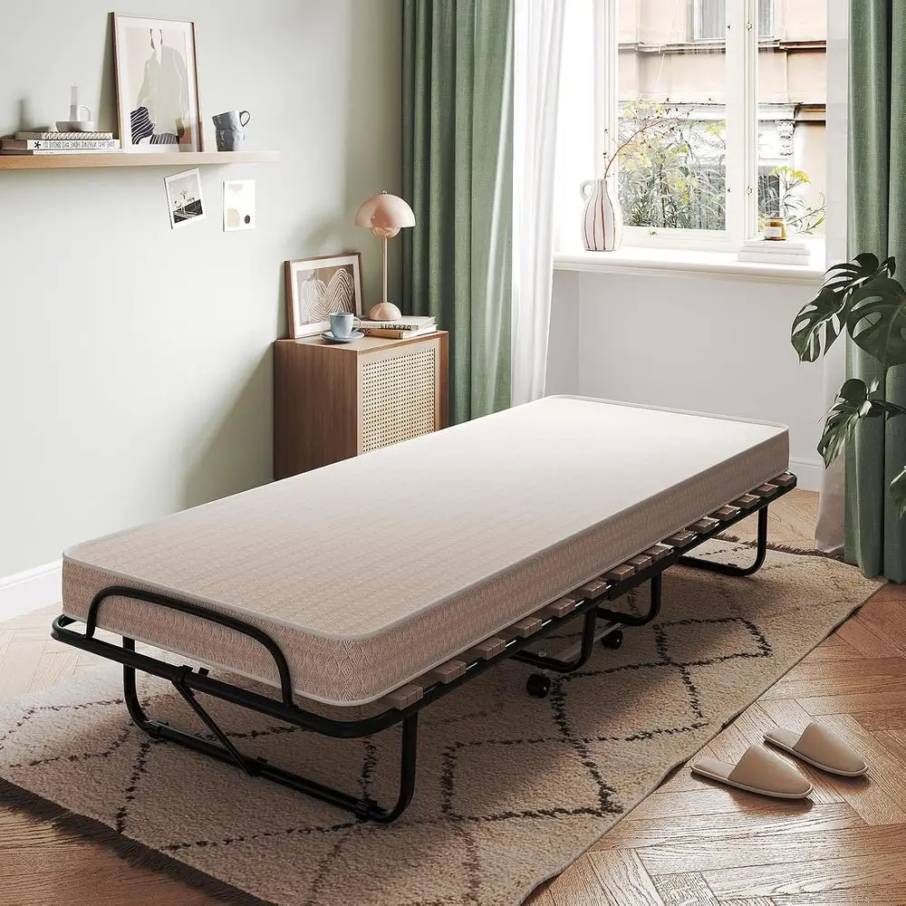 olding Bed with Mattr, Rollaway Gt Bed w/ 4 Inch Memory oam Mattr, Sturdy Metal e, Portable Bed Cot Size Easy to Store, oldable