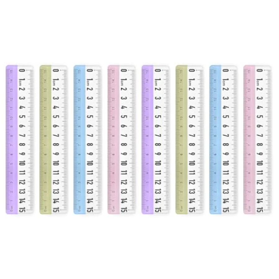 

School, home, office use: plastic rulers, clear, 15 cm, centimeter markings, 8 pcs bulk pack for measuring and drafting
