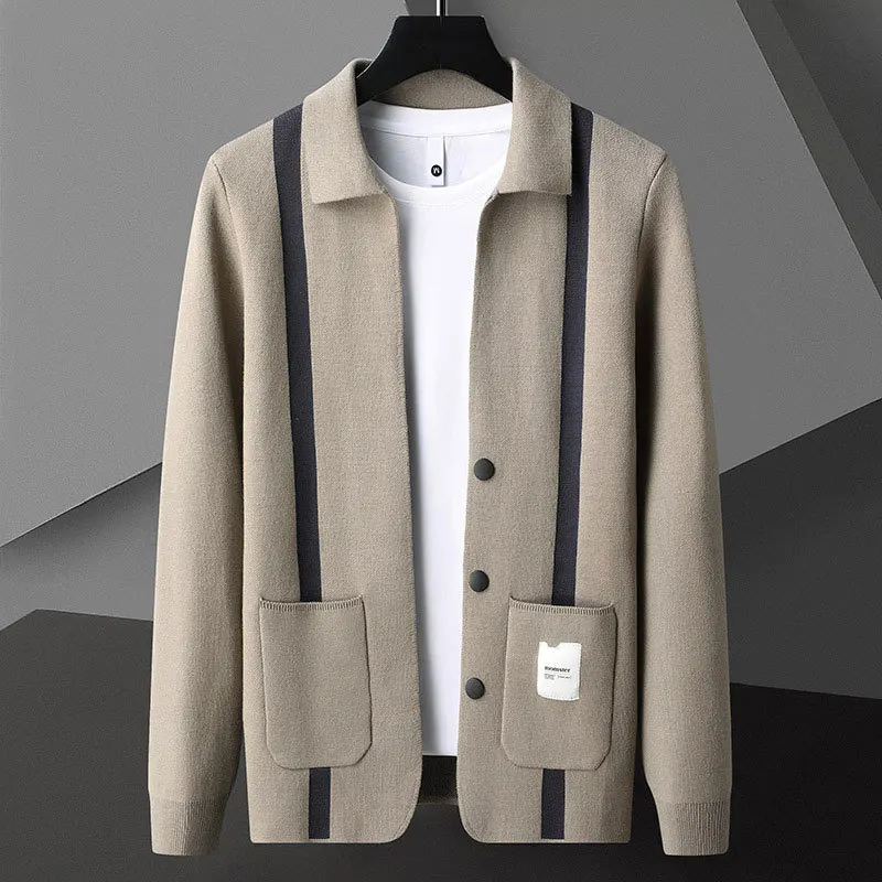 Lapel Color Contrast Knitwears Line Decoration Knitting Cardigan Man Long Sleeve Slim Sweater Cardigan Male Garment Coat Sweater