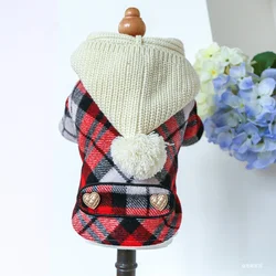 1PC Pet Clothing Cat Winter Plush Thickened Red Checkered Ball Hat Cotton Coat Windbreaker Suitable for Small and Medium Dogs