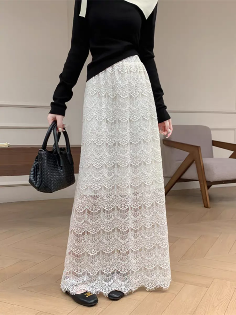 

Sheer Lace Bodycon Skirts for Women: High Waisted Elegant Maxi Skirt with High Slit, Slim Fit Straight Fall Skirt New Arrival