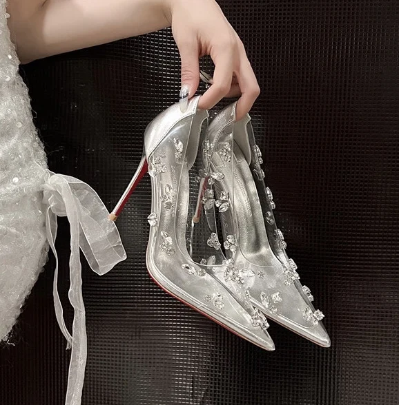 New pointed high heels, women's wedding shoes, banquet shoes, rhinestone transparent thin heels, sexy shallow mouth single shoes
