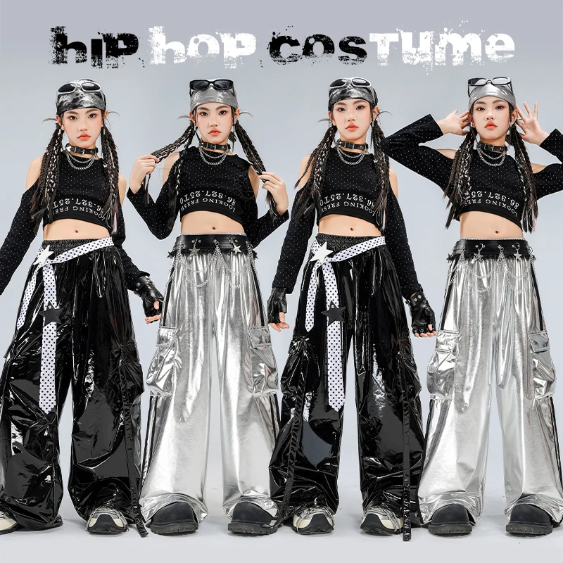 

Girls Sequined Streetwear Children Hip Hop Crop Top Silver Cargo Pants Clothes Sets Kids Cute Street Dance Jazz Stage Costumes