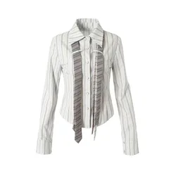 Women Sexy Solid Color Slim Stripe Shirt Turn-down Collar Long Sleeve Chic Design Vintage Female Blouses Autumn