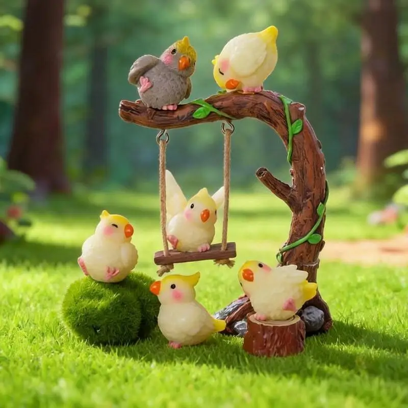 6PCS Cute Cartoon Cockatiel Ornaments Horticultural Plant Animal Resin Handicraft Birds Models DIY Home Garden Decoration
