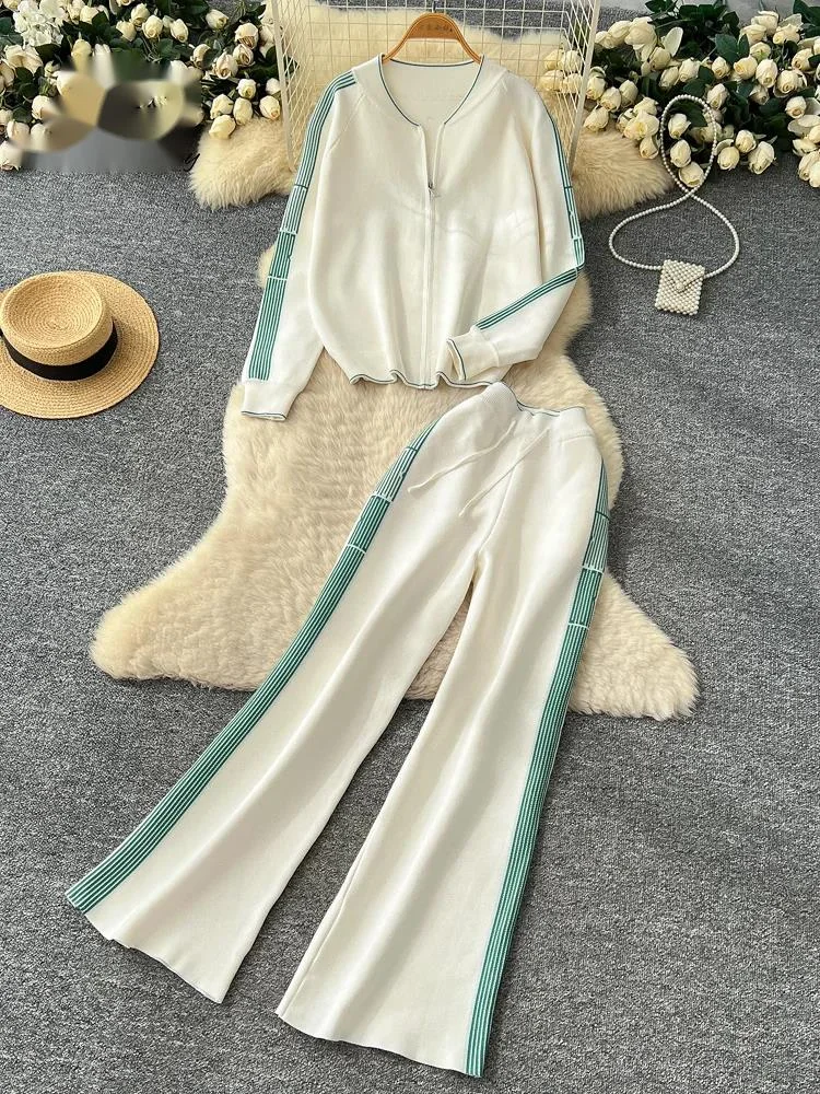 

Базовые повседневные вязаные комплекты из двух предметов, женские пуловеры на молнии с длинными рукавами + длинные брюки, уличная одежда, модные костюмы-свитера