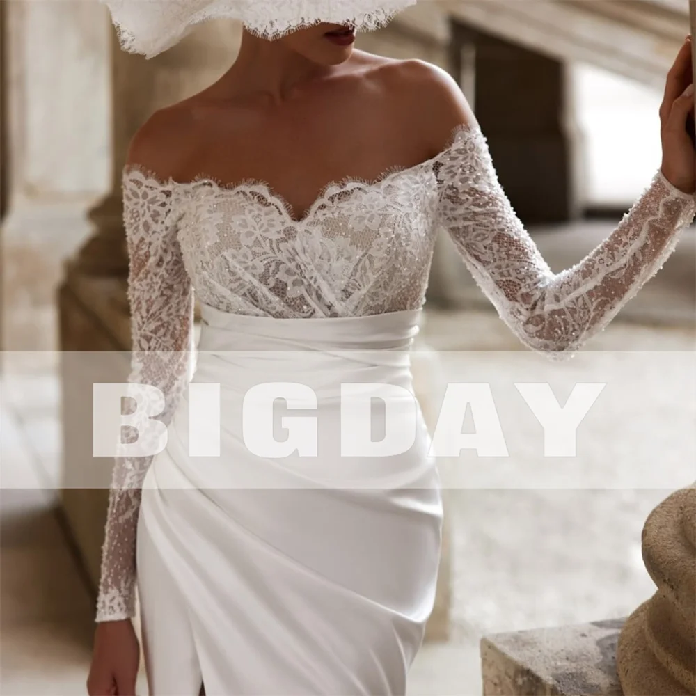 فستان زفاف أنيق من الدانتيل بأكمام طويلة حورية البحر ورقبة على شكل حرف v قبالة الكتف ورباط علوي فستان زفاف فيستدو دي نويفا مخصص