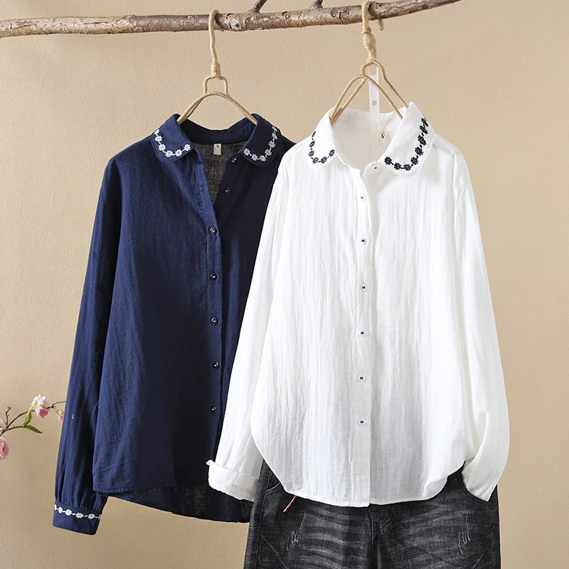 Elegant woman blouses fall clothes 2024 women Mexican style ethnic white navy blue embroidery shirts long sleeve tops