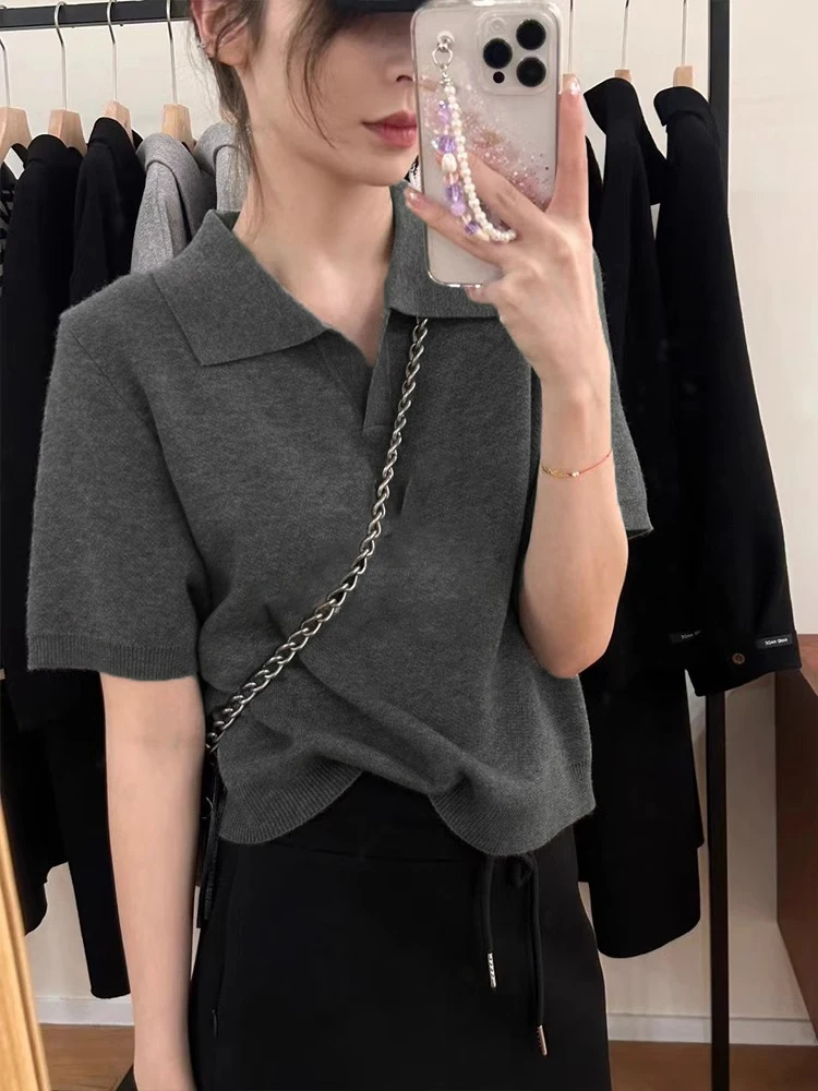 Light Grey Knitted Short Sleeve  Shirt Women's Loose Slim Fit Summer T-Shirt Henry Collar Top Comfortable Breathable
