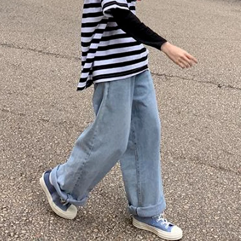 

Джинсы женские однотонные с высокой талией Ulzzang Harajuku новые винтажные мешковатые женские карманы простые шикарные светло-голубые широкие брюки Y2k