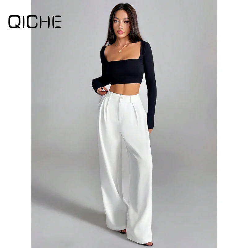 QICHE European Women Draped High Waist Wide Leg Pants Loose Versatile Casual Long Trousers For Daily Wear