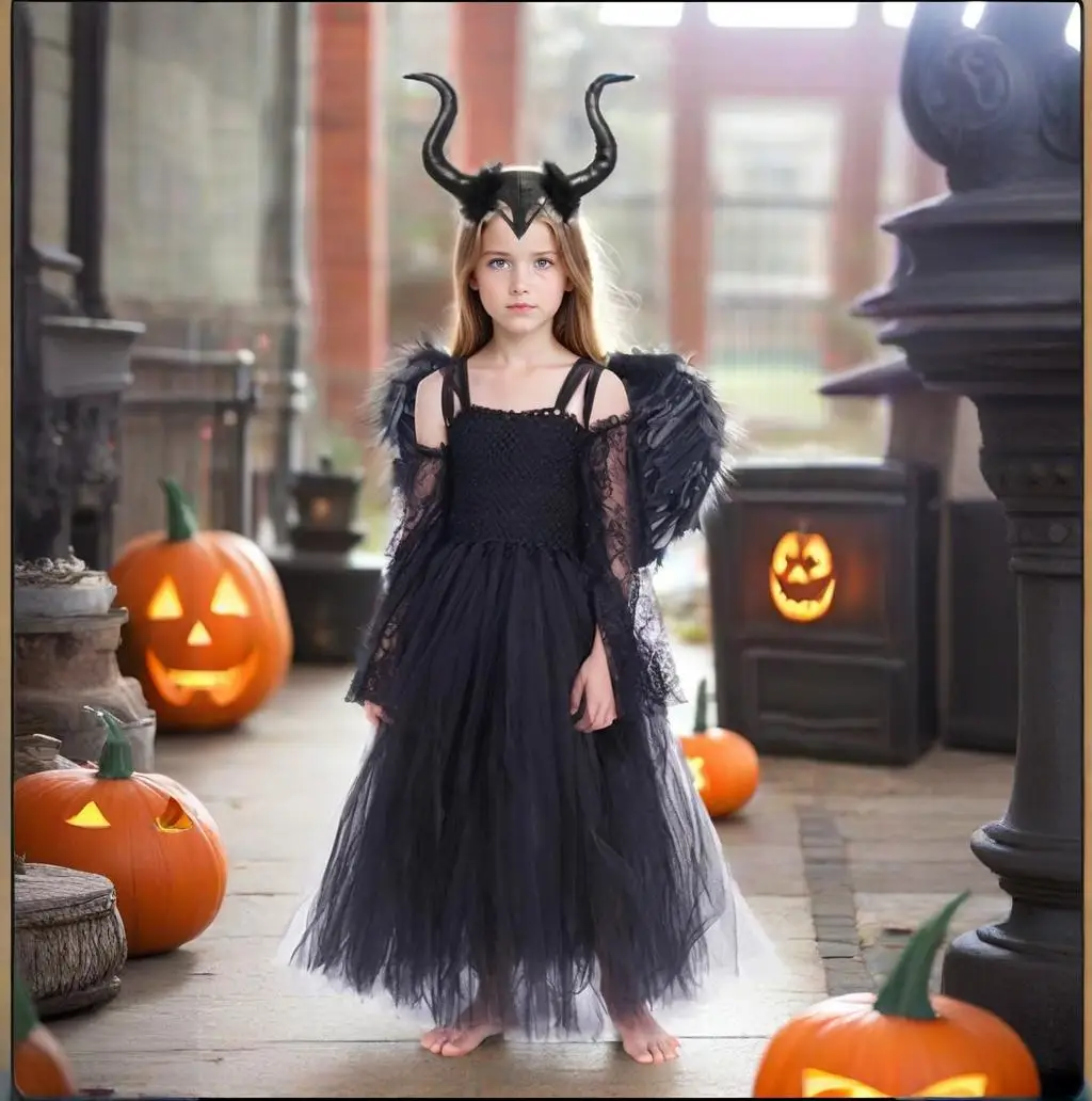 Disfraz de Carnaval, tutú maléfica para niñas, Cosplay de Reina Malvada, vestido de princesa de malla negra, varita de cuervo para niños, vestido de bruja demoníaca