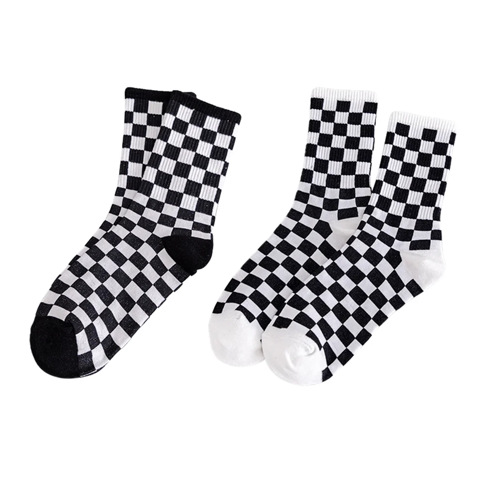 

2 Pairs Color-matching Sock Black and White Plaid Socks Mid-tube Stockings Winter Pure Cotton