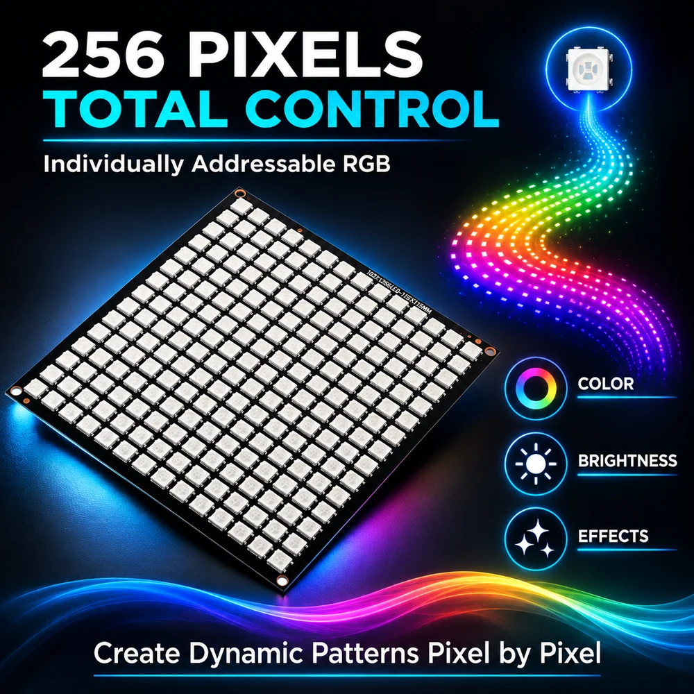 WS2812 LED-Matrix-Panel-Modul 16x16 256 Pixel Vollfarbig Wechselnde Adressierbare RGB-Lichtplatte DC4.5-5.4V für DIY-Dekor-Bildschirm – Detail 3