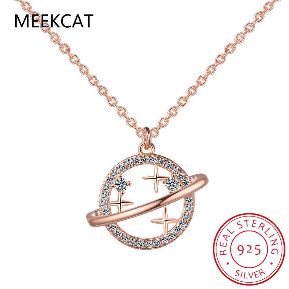 925 Sterling Silver Simple Diamond Gold Planet Pendant Necklace Women Fashion Wedding Party Jewelry Accessories Colar de Prata