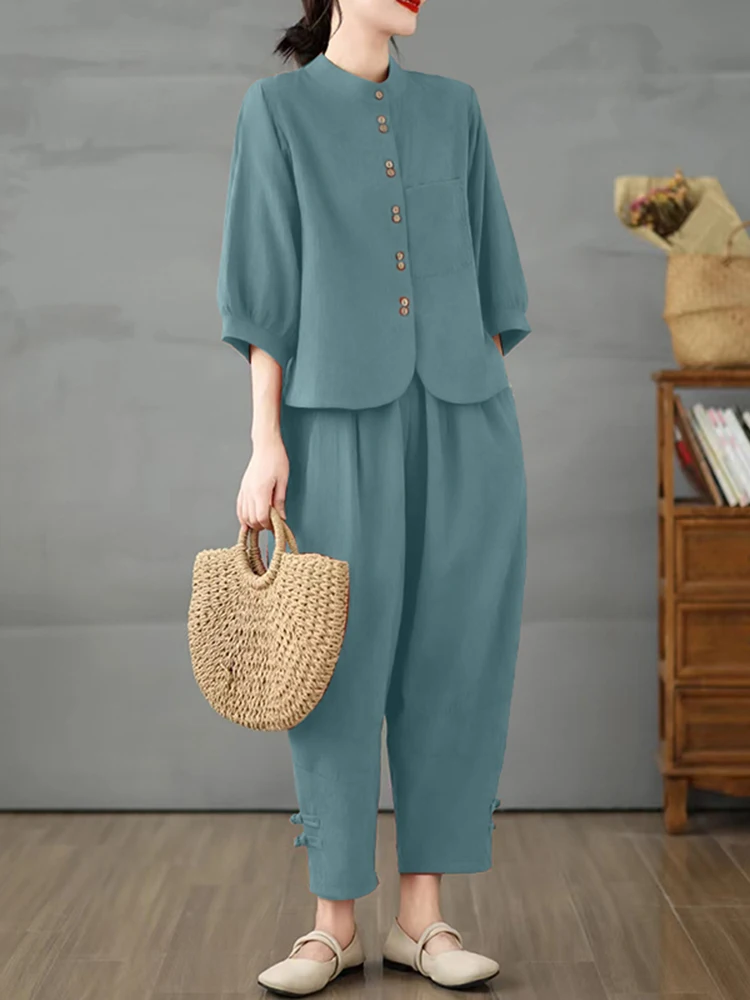 ZANZEA Women Casual Loose Sets Vintage 3/4 Sleeve Shirts Elastic Waist Loose Pants Solid Women Matching Sets 2025 Autumn Suits