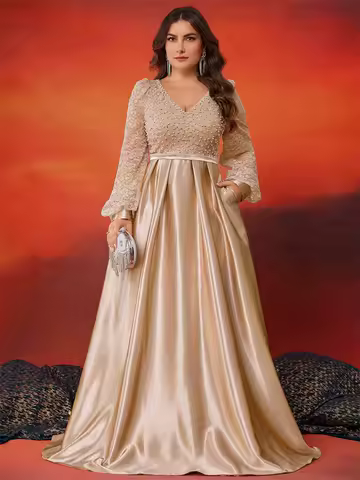 XUIBOL Plus Size Luxury Gold V-Neck Sequins Evening Dress Women Elegant Long Sleeve Wedding Party Prom Cocktail Dress Gown