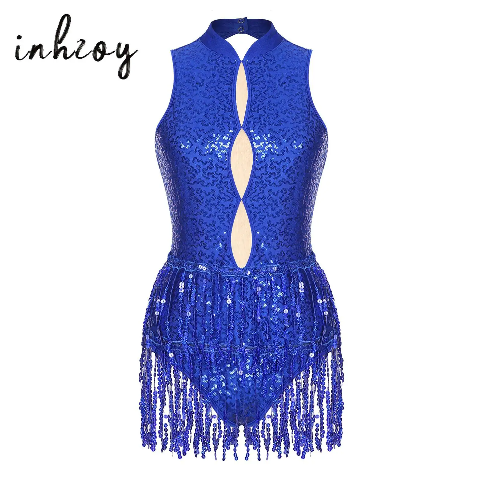 

Womens Shiny Sequins Fringed Leotard Bodysuits Jumpsuits Latin Jazz Dance Dress Sleeveless Backless Ballroom Performance Costume