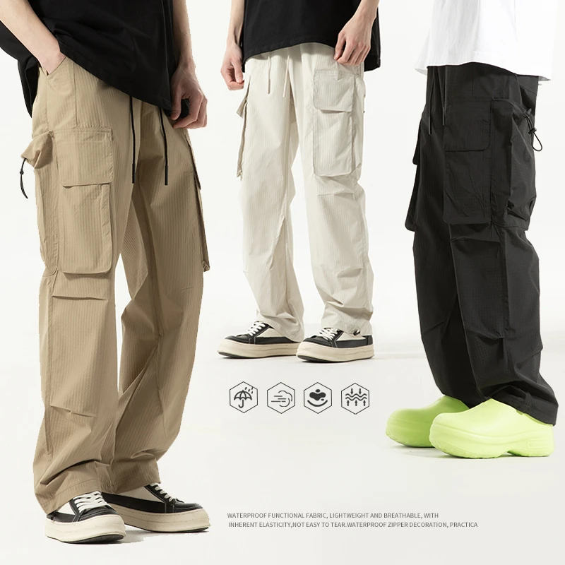 Y2K Trousers Cargo Pants Straight Wide Leg Drawstring Oversize Pockets Kpop High Waisted Breathable Solid Color Sweatpants