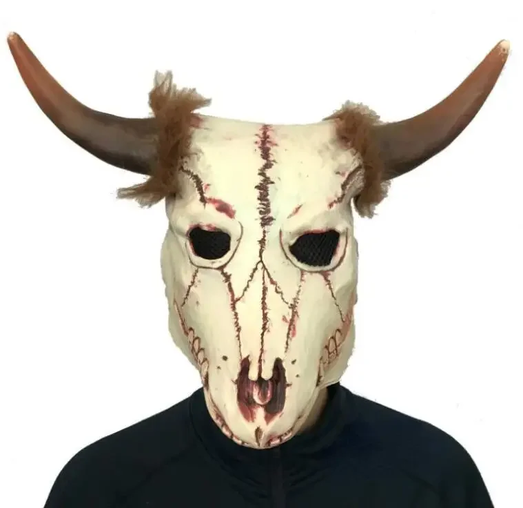 Goat Head Skull Mask with Horns Cave Demon Skeleton Blood Goat Sucker Cannibal Mask Latex Adult Halloween Costume