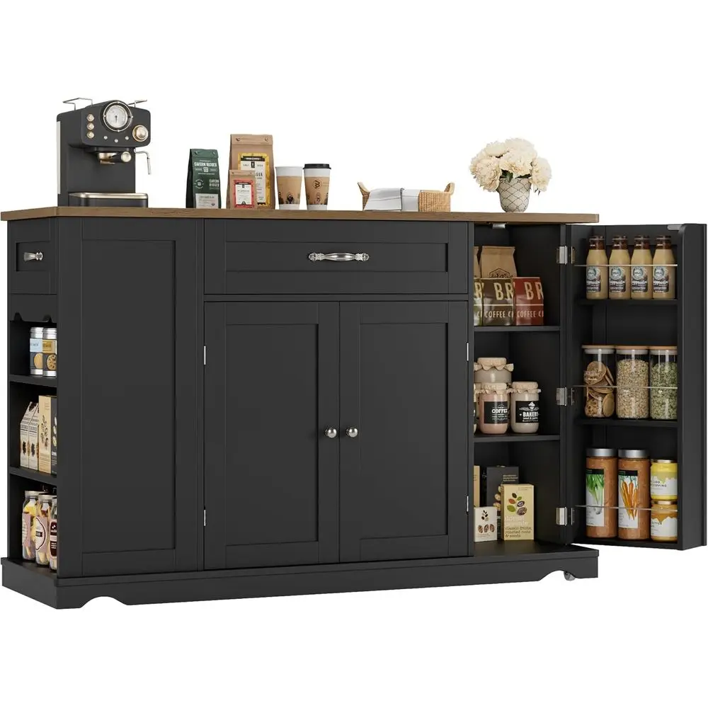 

Мобильная кухонная тележка-остров 47 дюймов с местом для хранения и регулируемыми полками, черная