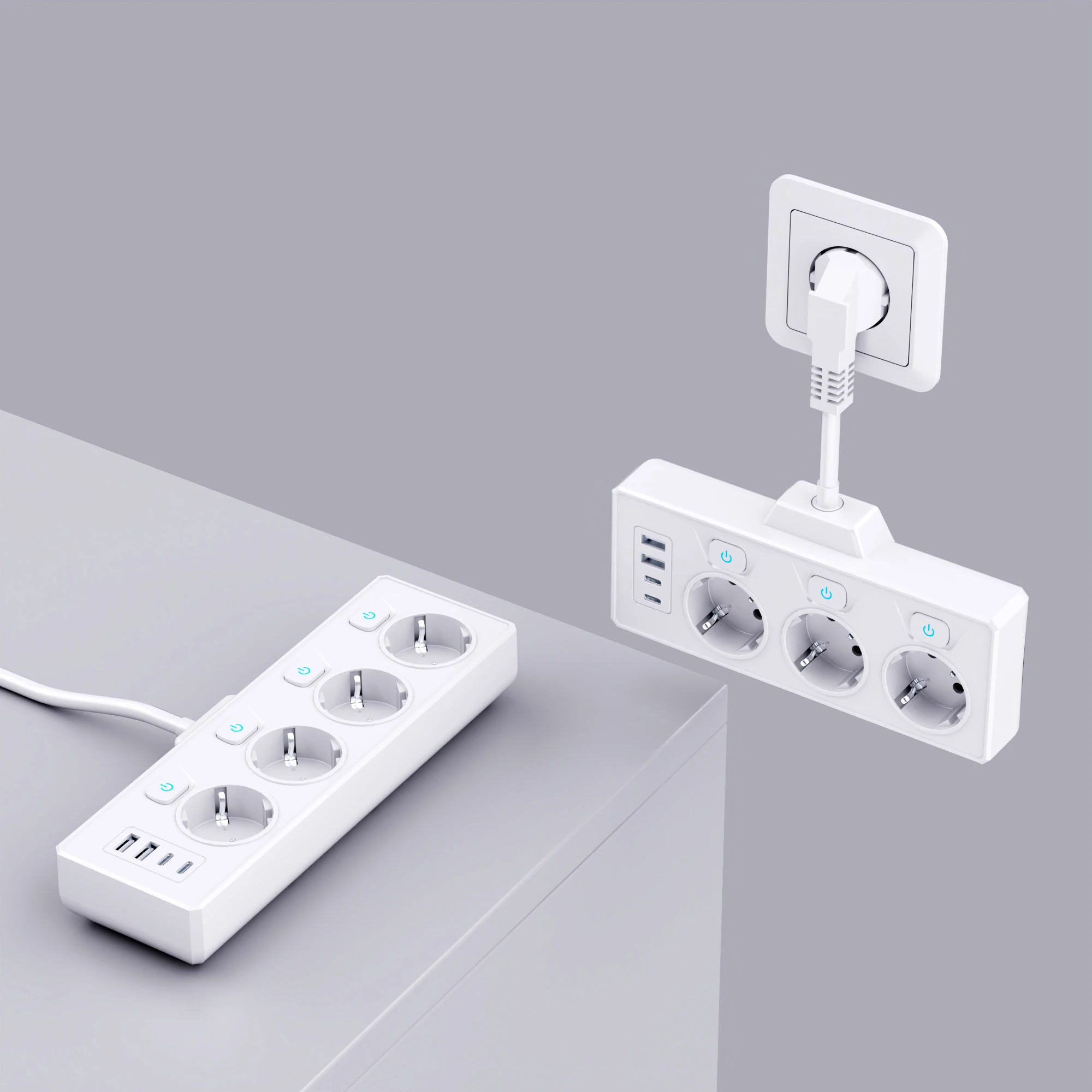 CE Rohs KC Fast Charge Power Strip with 3 AC Outlets and 2 USB 2 Type-C Multi EU Plug 16A Rated Current Extension Cord Socket