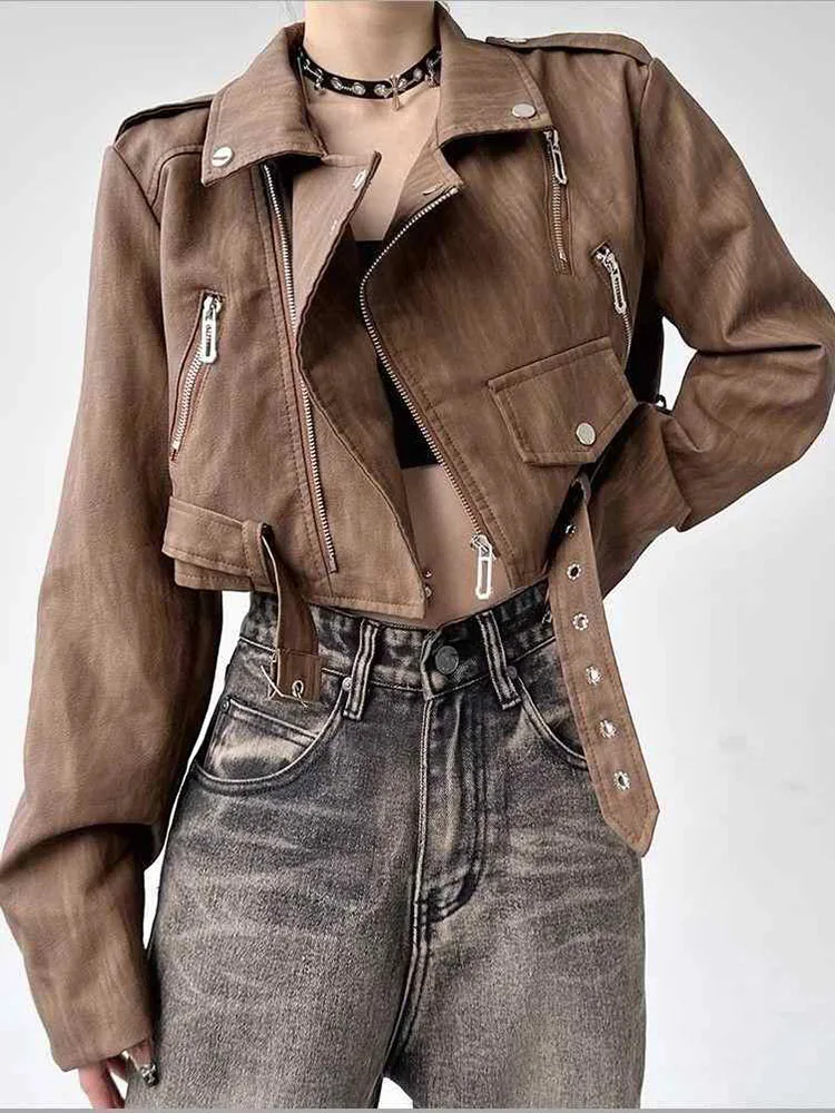 Vintage café motocicleta jaqueta de couro das mulheres outono nova moda solta turn down collar curto casacos do plutônio versátil streetwear