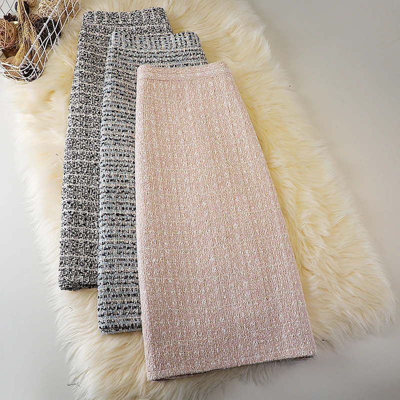 New High Waist Tweed Long Skirt for Female Celebrities, Elegant A-line Bag Buttocks, Fashionable Split Horn Skirt, Spring 2023