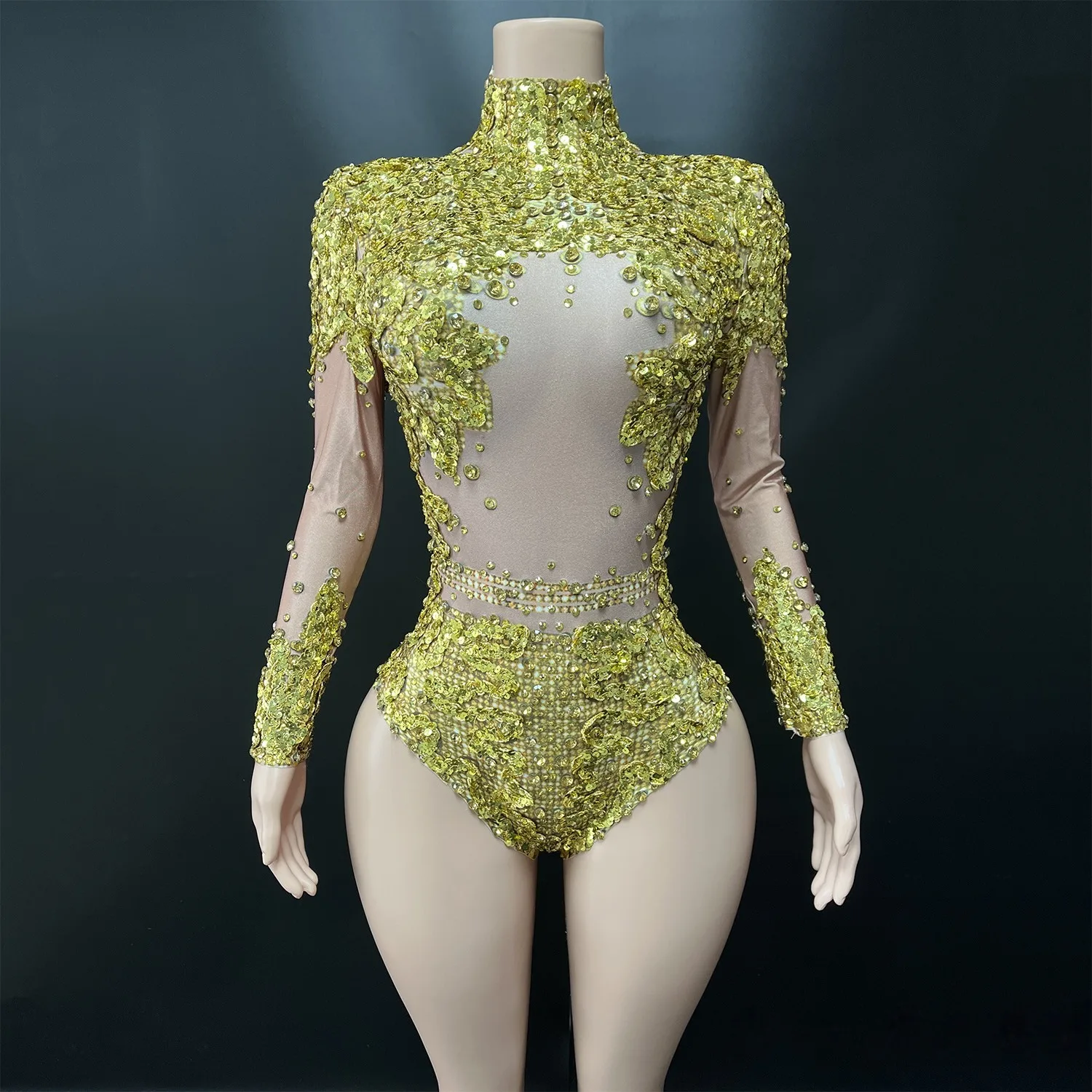 Body de LICRA de manga larga con cuentas y lentejuelas doradas para mujer, Leotardos de gimnasia rítmica brillantes, traje deportivo de baile de alta elasticidad