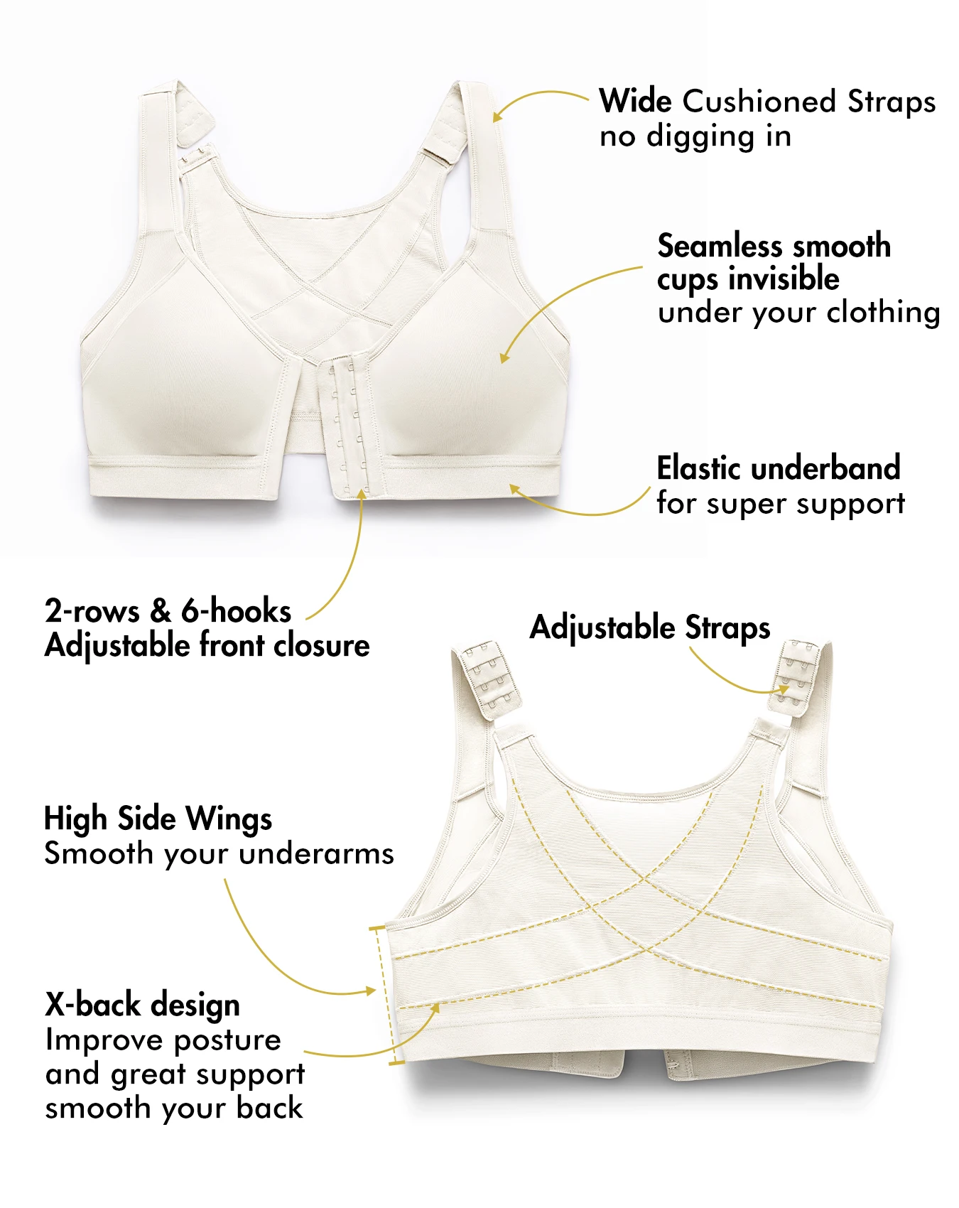 DELIMIRA Women\'s Front Closure Bra Posture Wireless Back Support Full Coverage Supportive X-shape Plus Size Bras