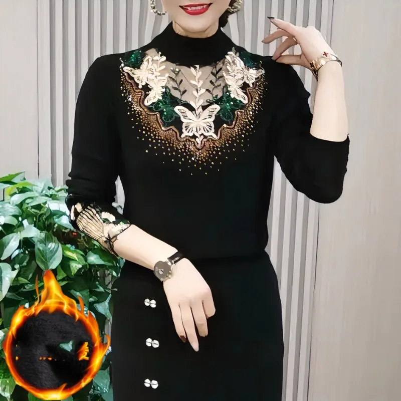 Women's Spring Autumn Turtleneck Embroidered Pullover Solid Hollow Out Rhinestone Cartoon Long Sleeve T-shirt Casual Slim Tops
