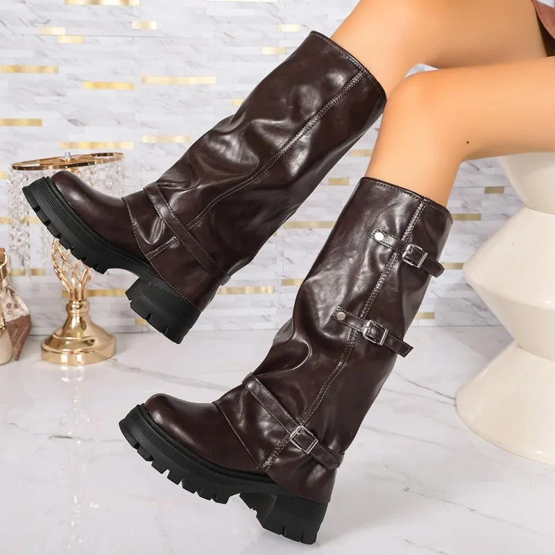 Platform Chunky Sole Women Knee High Boots Multi Buckle Strap Shoes Autumn Winter Ladies Non Slip Long Motorcycle Boots