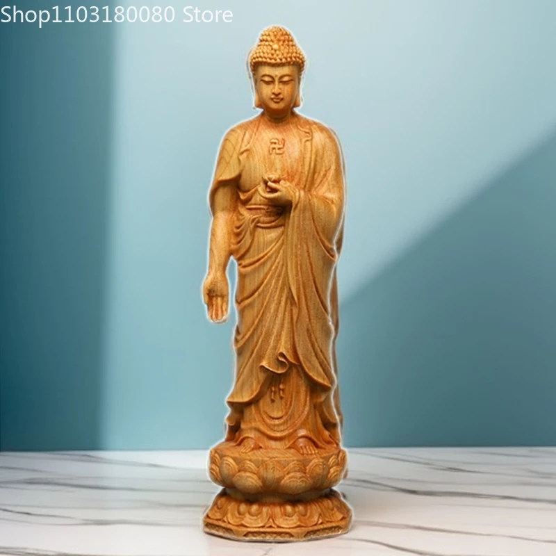 20cm Cliff cypress wood carving standing Sakyamuni Tathagata buddha statue sculpture decor