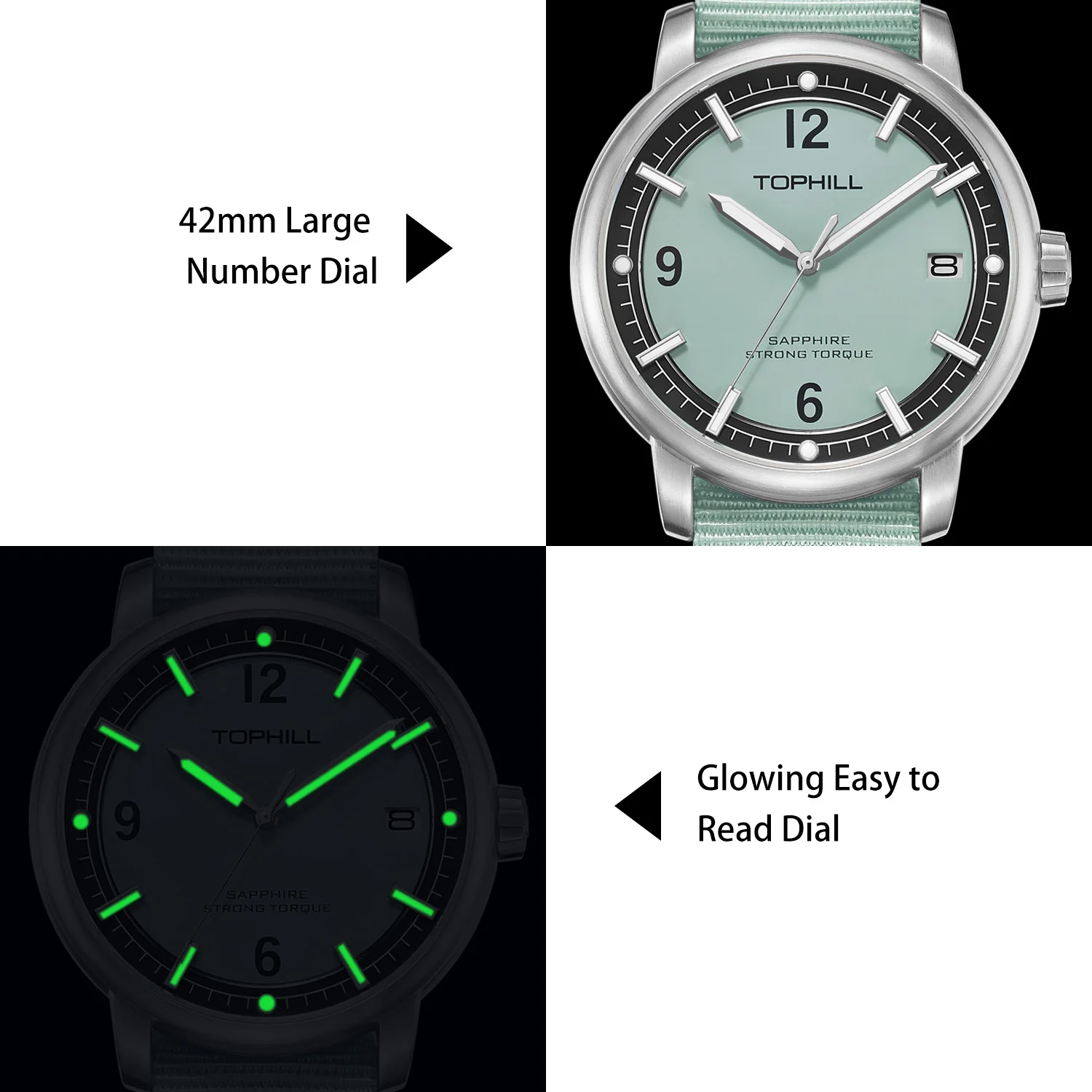 TOPHILL Fashion Quartz Watch For Men Green quartz watch Luminous watches Casual Sport Watch Sapphire  Valintage watch 2 straps