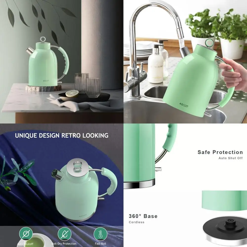 

1.5L Green Cordless Electric Kettle with 1500W, Fast Boil, Auto Shut-off & Boil-Dry Protection