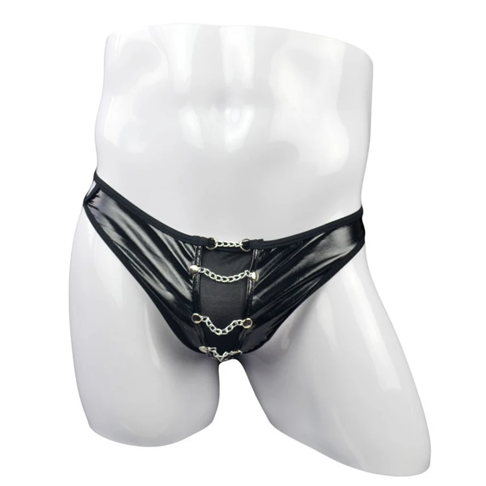 Men Sexy Ou Leather Briefs With Punk Chain Panties T-back Thongs Fashion Underpants Low Waist Underwear Man Nightclub Knickers