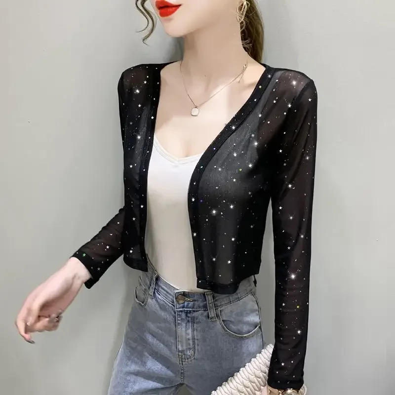 Spring Summer Jacket Long Sleeve Breathable Mesh Thin Short Section Cardigan Women Crop Tops Shawl Chic Sun Protector Shirt Coat