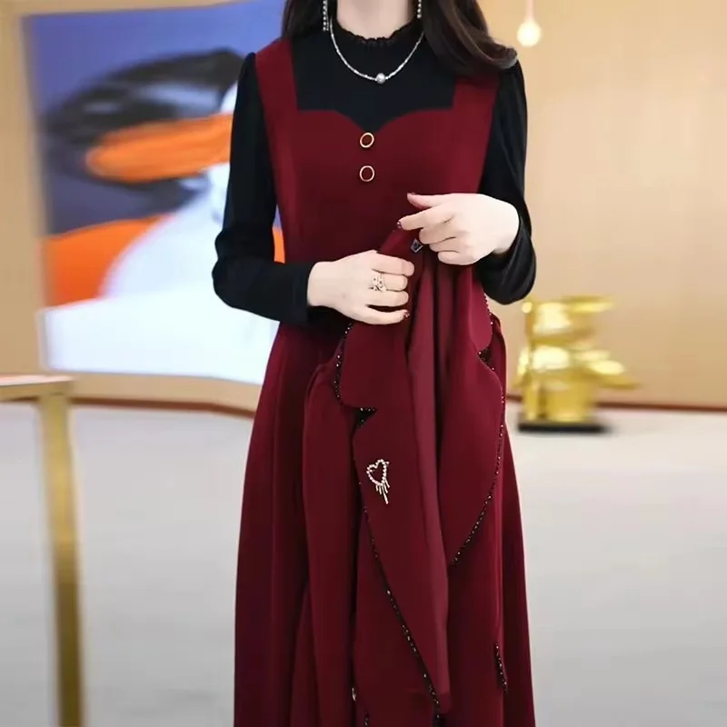 Korean High End Suit Jacket Dress Two-Piece Set Women 2024 Autumn Winter New Advanced Red Blazer Coat Long Dress Female Outfit