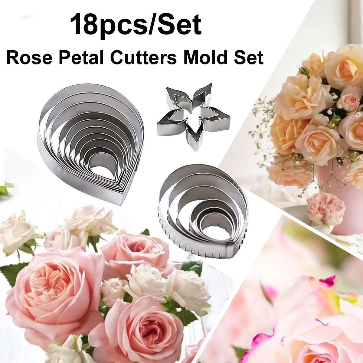 18pcs Rose Flower Leaf Petal Cutter Mold Set Gum Paste Fondant Baking Polymer Clay Mould Cake Decorating Tools Kitchen Supplies