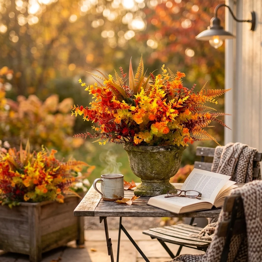 Artificial Autumn Floral Arrangement Faux Plant Bouquet Orange Yellow Table Decor for Home Festival Party Patio Garden Display