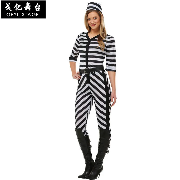 ฮาโลวีนคลาสสิกนักโทษชุดผู้หญิงนักโทษเสื้อผ้าฮาโลวีนคอสเพลย์ Striped Prisoner เครื่องแต่งกายชุดสำหรับสตรี