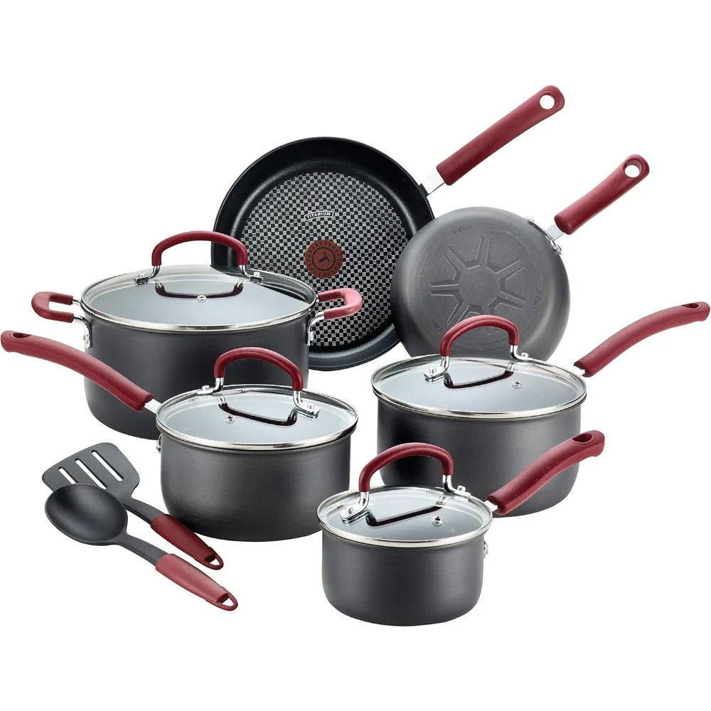 

T-fal Ultimate Hard Anodized Nonstick Cookware Set 12 Piece, Oven Broiler Safe 600F, Kitchen Cooking Set w/Fry Pans, Saucepans,