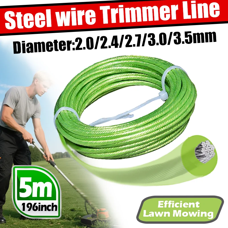 VARIEA-2pcs-Upgraded Green Steel Wire Lawn Trimming Line - 5M, 2.0-3.5mm Diameter, Durable Trimming Line for Lawn Mower Accessor