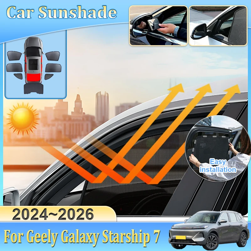 Car Sunshade For Geely Galaxy Starship 7 EM-i P145 2024 2025 2026 Visor Mesh Anti-UV Windshield Frame Curtain Auto Accessories